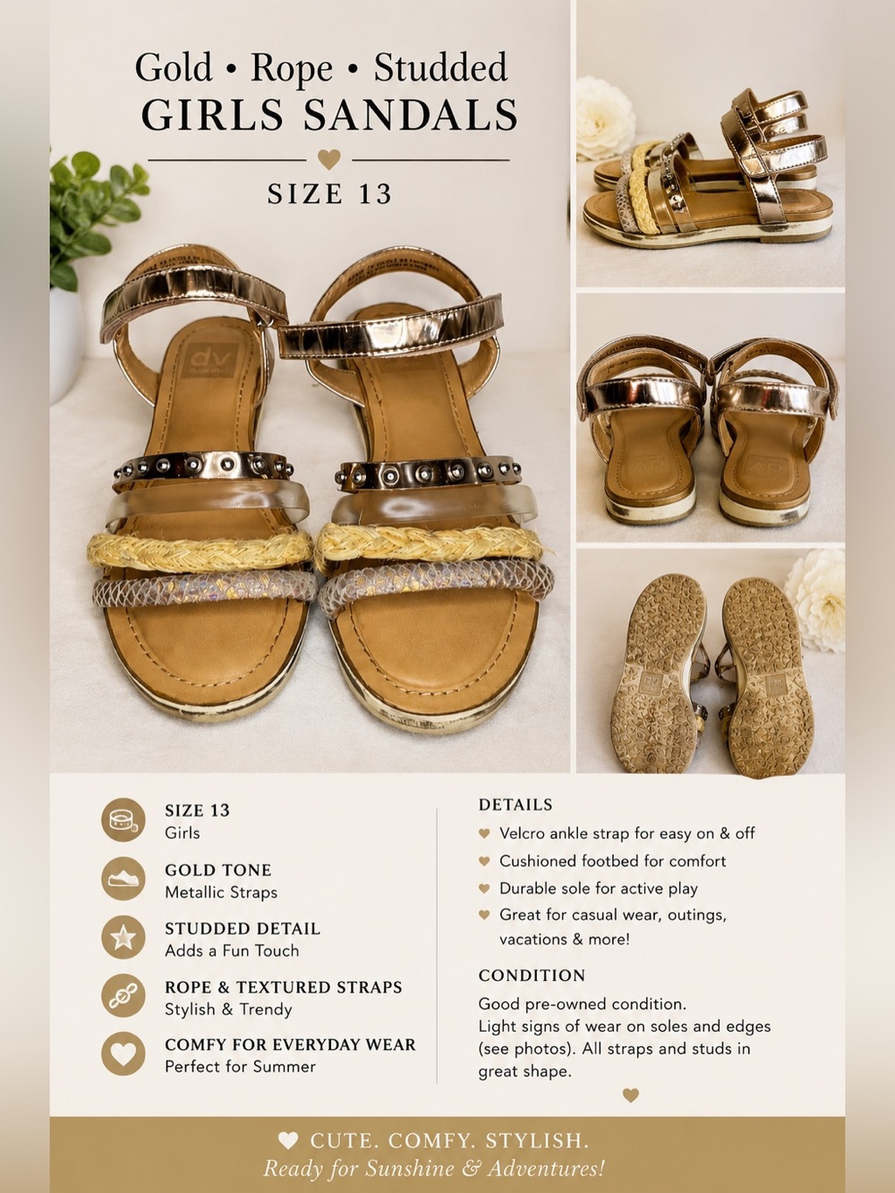 Gold / Rope / Studded Girls Sandals — Size 13